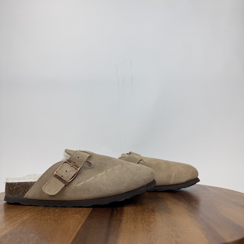 New Womens Kidmi Beige Suede Faux Fur Lined Cozy Clogs Slides Size 5.5 M NWOB